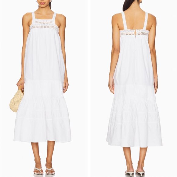 NEW Maude Club Revolve Sylvie Midi Dress White Cotton Sleeveless Square-Neck Tie - Picture 3 of 15